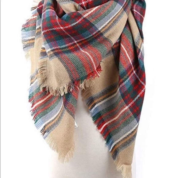 Tan Multi Plaid Blanket Scarf - Picture 2 of 3